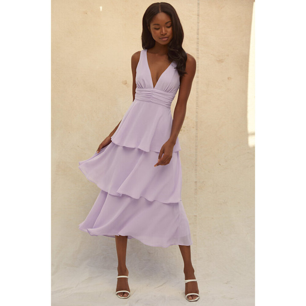 Lulus Celebration Time Lavender Sleeveless Tiered Midi Dress Purple - Size L